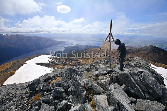 Tramper / Hiker on top of Mount Luxmore trig (1472m) on Kepler Track Great Walk. South Fiord of Lake Te Anau at left, Fiordland National Park, Southland District, Southland Region, New Zealand (NZ)