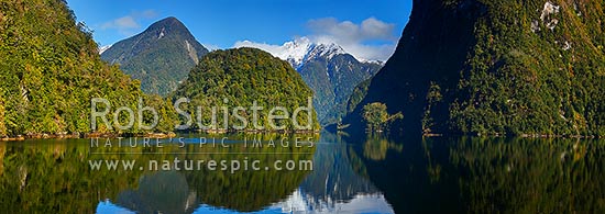 Doubtful Sound on a perfect winters day. Looking up Hall Arm past Davidson Head to Mt Danae. Panorama, Doubtful Sound, Fiordland National Park, Southland District, Southland Region, New Zealand (NZ)