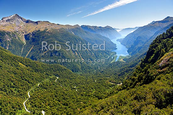 Doubtful Sound and Deep Cove from above Wilmot Pass Road (671masl). Fiordland National Park. Mount Troup (1512m) left, Doubtful Sound, Fiordland National Park, Southland District, Southland Region, New Zealand (NZ)