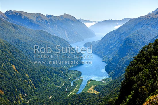 Doubtful Sound and Deep Cove from above Wilmot Pass Road (671masl). Manapouri dam tailrace visible. Fiordland National Park, Doubtful Sound, Fiordland National Park, Southland District, Southland Region, New Zealand (NZ)