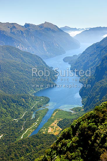 Doubtful Sound and Deep Cove from above Wilmot Pass Road (671masl). Manapouri dam tailrace visible. Fiordland National Park, Doubtful Sound, Fiordland National Park, Southland District, Southland Region, New Zealand (NZ)