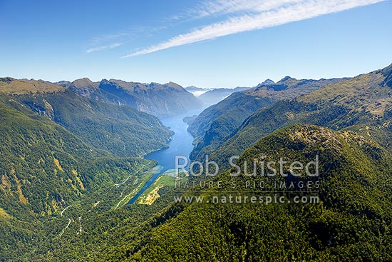 Doubtful Sound and Deep Cove from above Wilmot Pass Road (671masl). Manapouri dam tailrace visible. Fiordland National Park, Doubtful Sound, Fiordland National Park, Southland District, Southland Region, New Zealand (NZ)