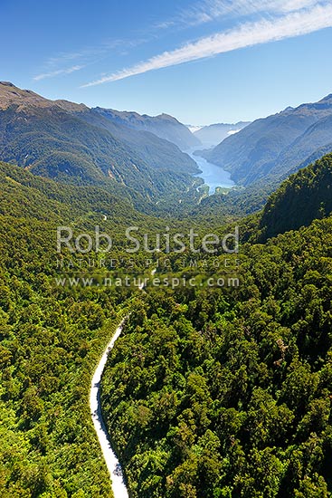 Doubtful Sound and Deep Cove from above Wilmot Pass Road (671masl). Fiordland National Park, Doubtful Sound, Fiordland National Park, Southland District, Southland Region, New Zealand (NZ)