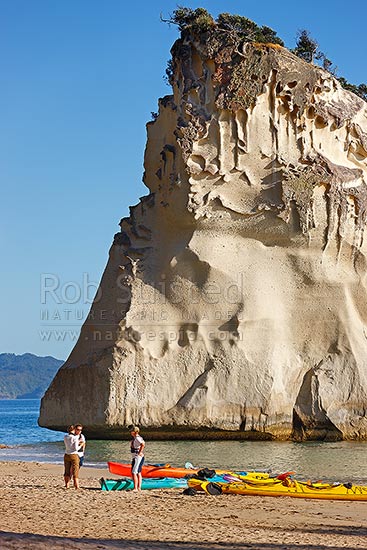 Cathedral Cove with sea kayakers kayaking in the early morning, Hahei, Coromandel Peninsula, Thames-Coromandel District, Waikato Region, New Zealand (NZ)