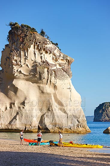 Cathedral Cove with sea kayakers kayaking in the early morning, Hahei, Coromandel Peninsula, Thames-Coromandel District, Waikato Region, New Zealand (NZ)