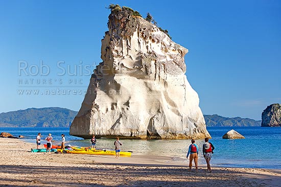 Cathedral Cove with sea kayakers kayaking in the early morning, Hahei, Coromandel Peninsula, Thames-Coromandel District, Waikato Region, New Zealand (NZ)