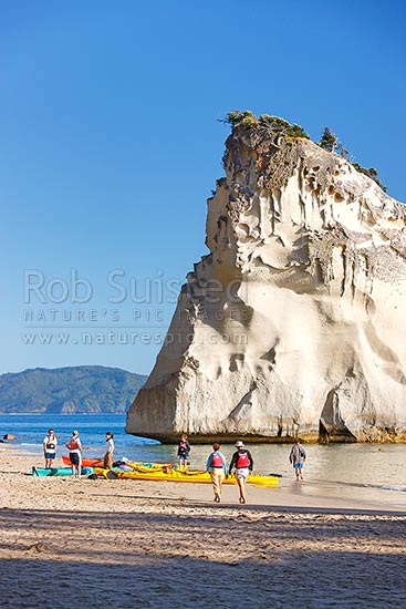 Cathedral Cove with sea kayakers kayaking in the early morning, Hahei, Coromandel Peninsula, Thames-Coromandel District, Waikato Region, New Zealand (NZ)