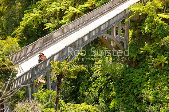 The Bridge to Nowhere, Mangapurua Stream and valley. Tourists enjoying the historic bridge and popular tourist destination. 38m high, built in 1936, Whanganui National Park, Wanganui District, Manawatu-Wanganui Region, New Zealand (NZ)