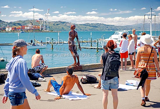 Wellington City waterfront, swimmers & visitors enjoying the summer day on wharf near Chaffers Marina. Sculpture Solace in the Wind by Max Pattie, Wellington, Wellington City District, Wellington Region, New Zealand (NZ)