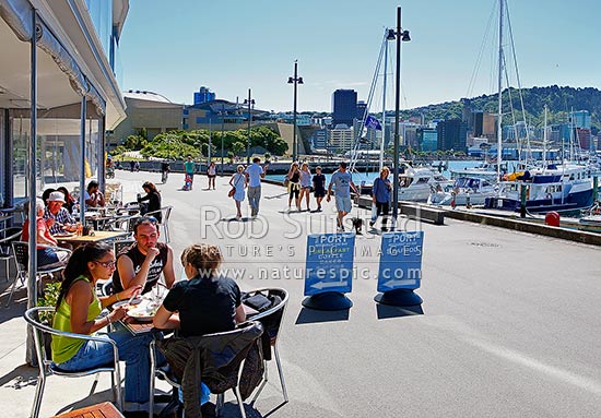 Wellington City waterfront with café diners enjoying meals near Chaffers Marina on a summer day. City skyline and te Papa Museum behind, Wellington, Wellington City District, Wellington Region, New Zealand (NZ)