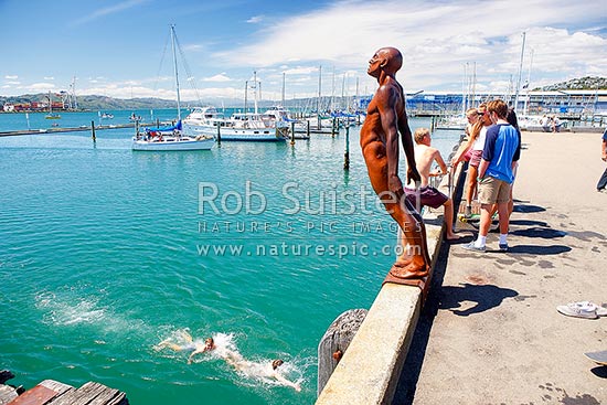 Wellington City waterfront, swimmers enjoying the summer day on wharf near Chaffers Marina. Sculpture Solace in the Wind by Max Pattie, Wellington, Wellington City District, Wellington Region, New Zealand (NZ)