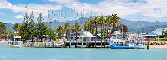 Whitianga foreshore with fishing boats and the ferry alongside the Esplanade beside the Harbour entrance. Panorama, Whitianga, Coromandel Peninsula, Thames-Coromandel District, Waikato Region, New Zealand (NZ)