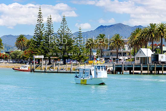 Whitianga town with the ferry crossing the Harbour entrance to the ferry landing, Whitianga, Coromandel Peninsula, Thames-Coromandel District, Waikato Region, New Zealand (NZ)