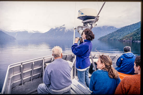 Tour boat on Lake Manapouri. Passengers admiring the calm lake and scenery, Fiordland National Park, Southland District, Southland Region, New Zealand (NZ)