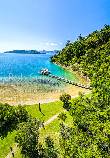 Ship Cove (Meretoto) with walkers arriving ashore to walk the Queen Charlotte Walking Track. Motuara Island beyond. Aerial view, Marlborough Sounds, Marlborough District, Marlborough Region, New Zealand (NZ)